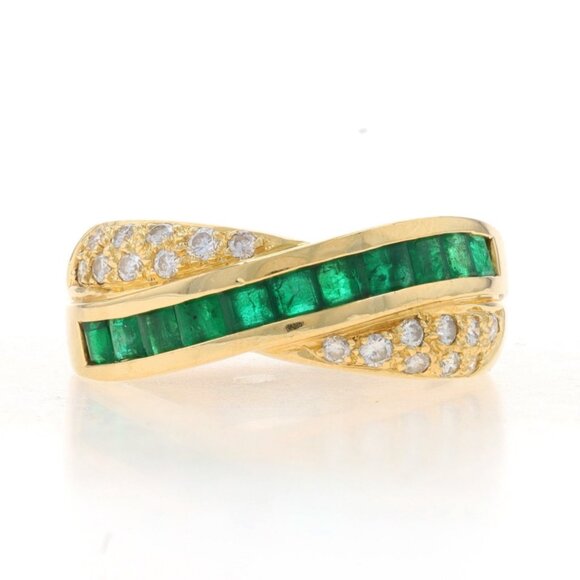 Yellow Gold Emerald & Diamond Crossover Band - 18k Square .91ctw Ring Sz 5 1/4